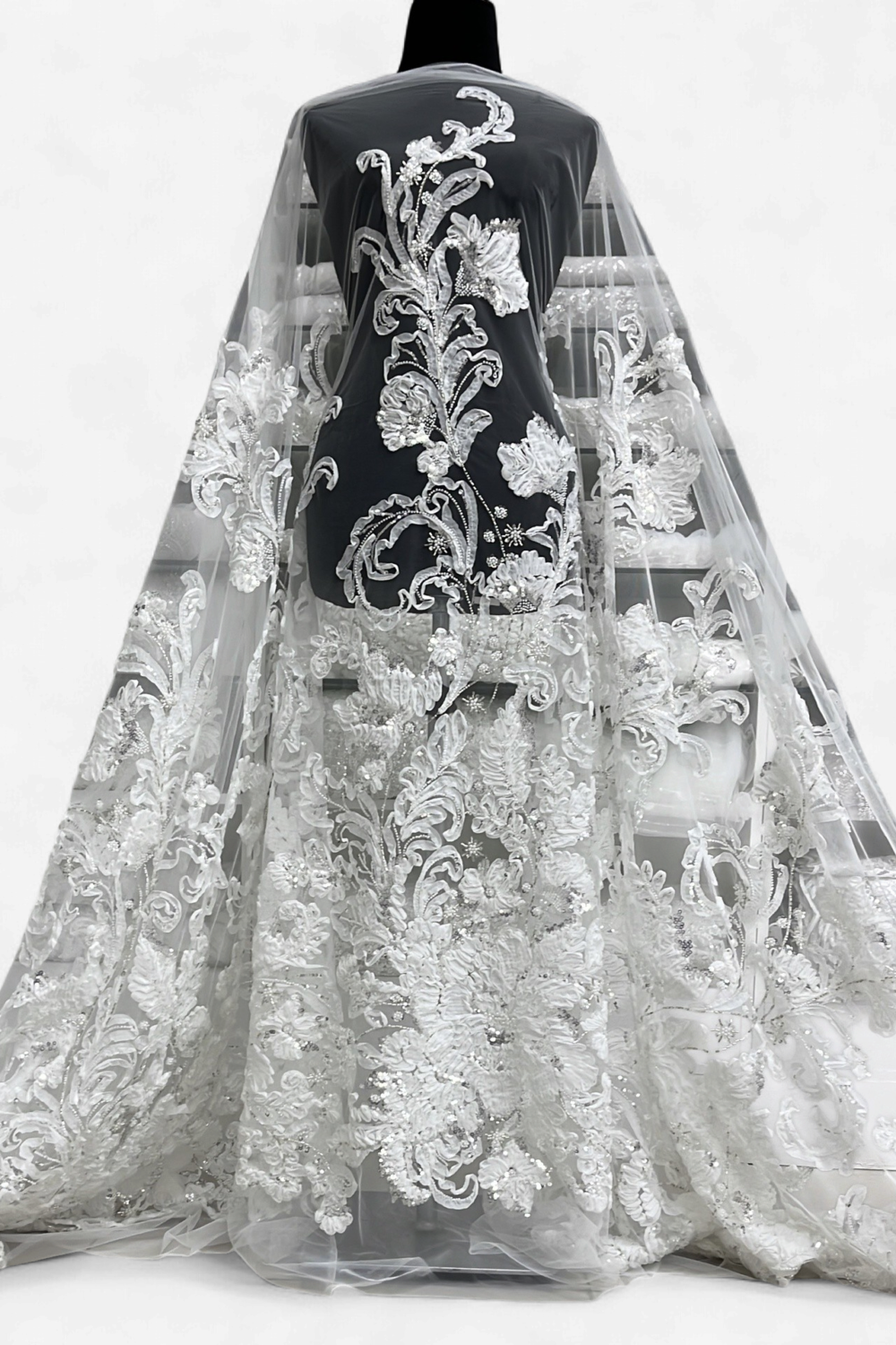 TULLE EMB BEADED RIBBON Bridal Fabric-per m-150-01-OFF WHITE
